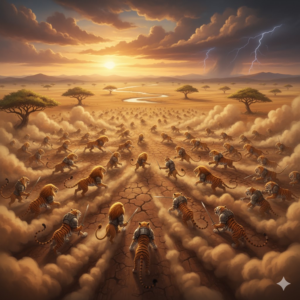 Dramatic aerial view from above showing the massive scale of the battle, lions and tigers engaged in epic combat